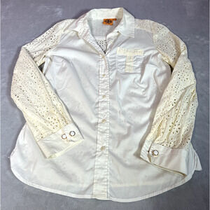 Tory Burch Blouse Womens Size 8 Off White Cream Top Eyelet Button Down Cuff Link
